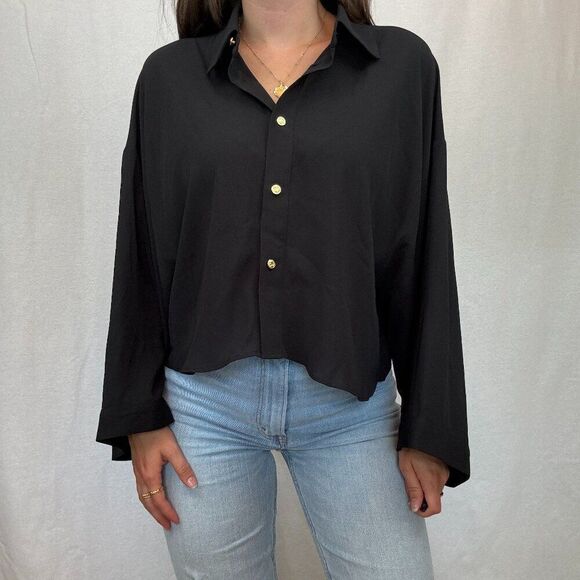 NWT Tahari Black Collared Button Up Blouse Top - Picture 2 of 14